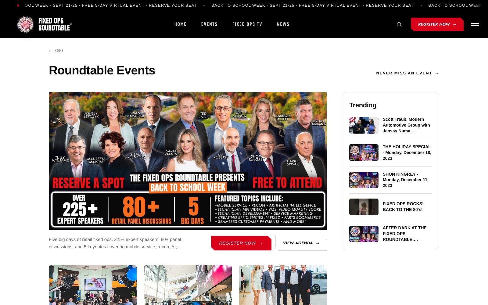 The Fixed Ops Roundtable events page with the Back to School Week lead event