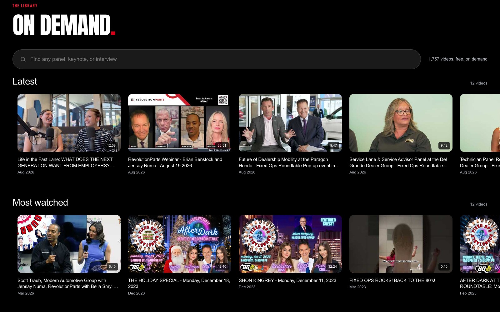 The Fixed Ops Roundtable TV library, with rows of videos by series